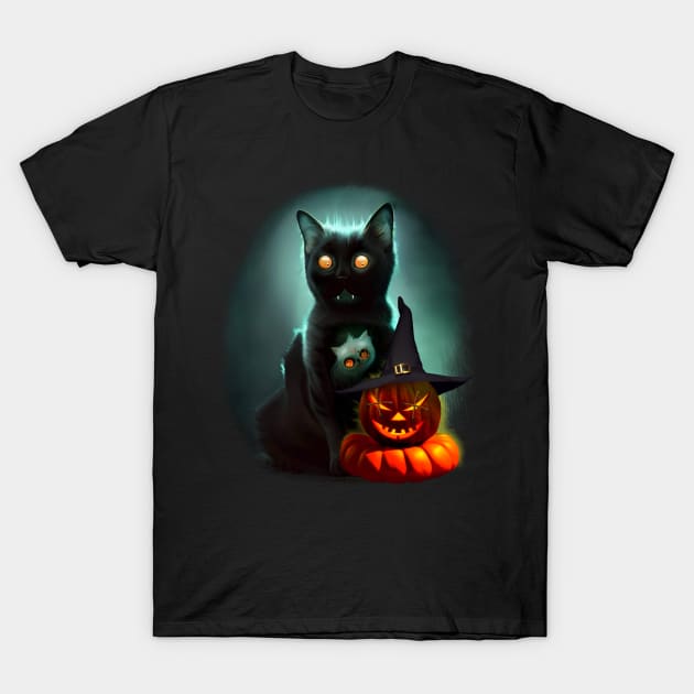 Vampire Cat and Wizard Pumpkin Halloween Surreal Art T-Shirt by BluedarkArt